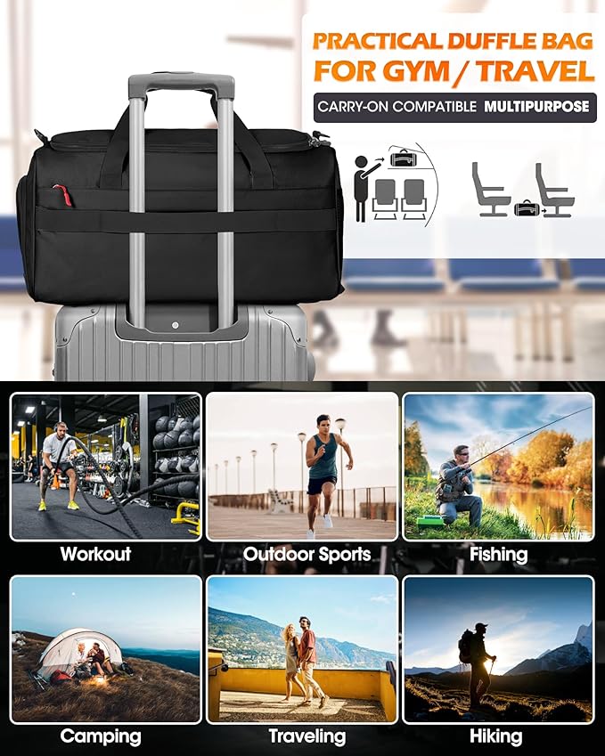 RAINSMORE Gym Bag for Men, 45L Sports Travel Duffel Bag with Shoe & Laptop Compartment, Gym Workout Backpack Carry On Weekender Bag Overnight Backpack for Travel, Black