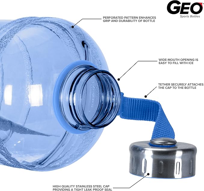 Geo Sports Bottles 1/2 Gallon (64 oz) BPA Free Reusable Leakproof Wide Mouth Sports Water Jug Bottle with Handle and 48mm Stainless Steel Cap (Dark Blue)