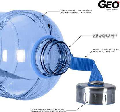 Geo Sports Bottles 1/2 Gallon (64 oz) BPA Free Reusable Leakproof Wide Mouth Sports Water Jug Bottle with Handle and 48mm Stainless Steel Cap (Dark Blue)