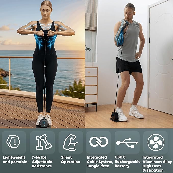 Smart Home Gym - Portable Home Gym Equipment with Digital Resistance 7-66 lbs | Single Motor Electronic Cable Machine for Strength Training | Compact Motorized Adjustable Weight Fitness System