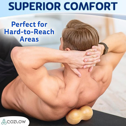 COZLOW Peanut Ball Massage Roller - Wood Therapy Massager - Double Lacrosse Ball Shaped Tool for Neck, Back, Spine, Feet Muscle Pain Relief - Wooden Mobility Device for Deep Tissue Recovery