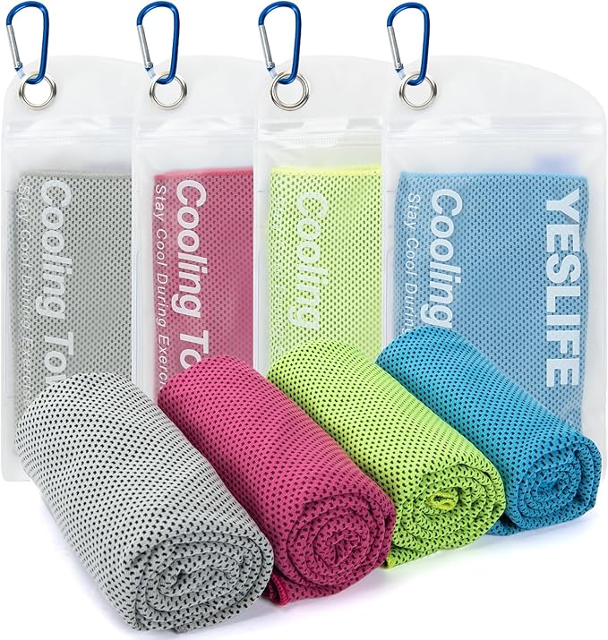 YESLIFE 4 Pack Cooling Towel 40"x12", Gym Towels for Men and Women, Soft Breathable Workout Towels for Yoga, Running, Sport, & More (Blue, Grey, Green, Pink)