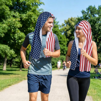 Yi-gog 6Pcs Cooling Hoodie Towel 24"x12" American Flag Ice Cooling Towels UPF 50 Sun Protection Microfiber Absorbent Sweat Rags for Sports Fitness Gym Biking Running