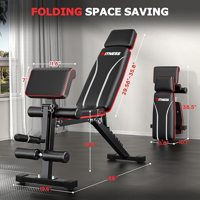 Foldable Workout Bench, Adjustable Weight Bench for Home Gym with Leg Extension, Preacher Pad, Extended Headrest, Collapsible Bench Press Full Body Workout Strength Training Banco de Pesas