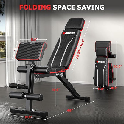 Foldable Workout Bench, Adjustable Weight Bench for Home Gym with Leg Extension, Preacher Pad, Extended Headrest, Collapsible Bench Press Full Body Workout Strength Training Banco de Pesas