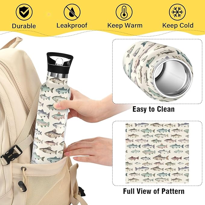 Sport Water Bottle 20 oz Vintage Fishes Kids Stainless Steel Vacuum Insulated Water Flask for Gym School