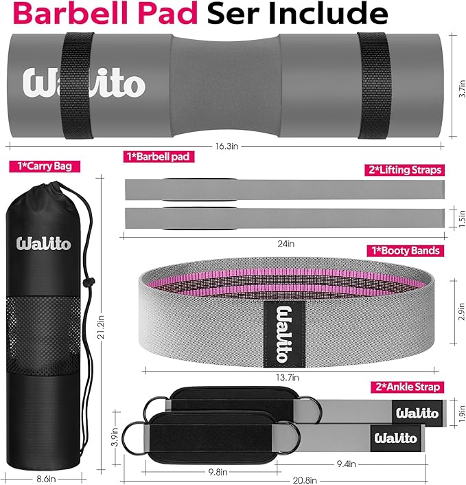 WALITO 8Pcs Barbell Pad Set for Hip Thrust - Squat Pad,Gym Accessories for Women with Bar Bad,Bench Press, with Gym Ankle Straps,Resistance Bands for Working Out,Lifting Strap,Carry Bag