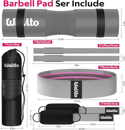 WALITO 8Pcs Barbell Pad Set for Hip Thrust - Squat Pad,Gym Accessories for Women with Bar Bad,Bench Press, with Gym Ankle Straps,Resistance Bands for Working Out,Lifting Strap,Carry Bag