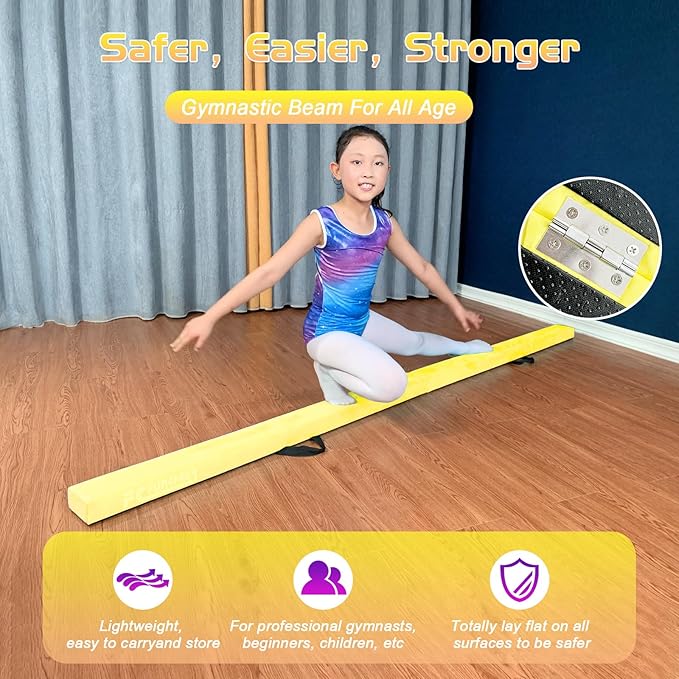 8FT Folding Balance Beam -Gymnastics Floor Beam -Gymnastics Equipment for Kids,Wood core- Anti-Slip Bottom and Carrying Bag for Home