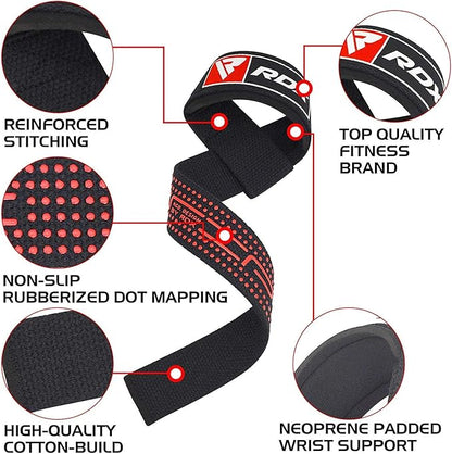 RDX Lifting Straps for Weightlifting –100% Cotton Heavy Duty Gym Wrist Strap with 5MM Neoprene Padding, 60CM Anti-Slip Hand Grip Wraps for Deadlifts Powerlifting Workouts Strength Training, Men Women