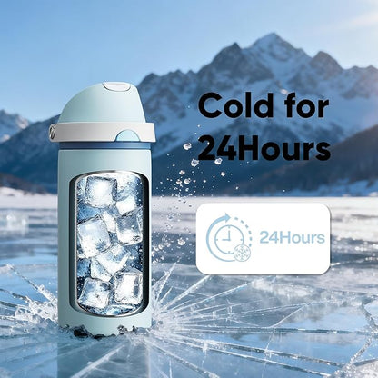 Insulated Water Bottle with Straw - Encool Stainless Steel Water Bottle with Push Button Lid, Leak-Proof & BPA-Free, Keeps Cold for 24 Hours for Sports, Travel, Gym (18 oz, Jungle Mist)