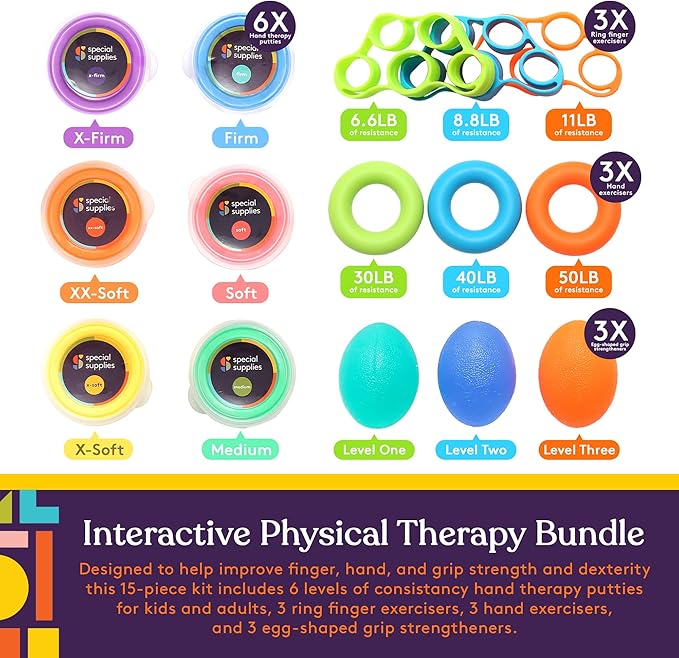 Special Supplies Physical Hand Therapy Putty Kit, Finger Exercisers, Hand Strengtheners, 15 Set Grip Strength,Dexterity, Mobility,Injury Stress Relief