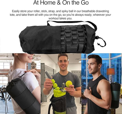 321 STRONG 5 in 1 Foam Roller Set with Hollow Core Deep Tissue Massager, Muscle Roller Stick, Stretching Strap, Spikey Plantar Fasciitis Ball, and Carry Bag, with 4K eBook