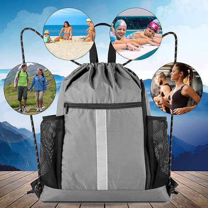 BeeGreen Grey Drawstring Bag Pack Gym Sackpack w Shoe Compartment Two Water Bottle Holder Portable String Sinch Sack for Gymnastic Athletic Beach Travel