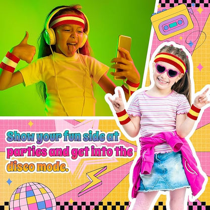 3 Pack Neon Sweatbands Set 80s Wristband and Headband Color War Accessories Sports Sweatbands for Summer Ball Party