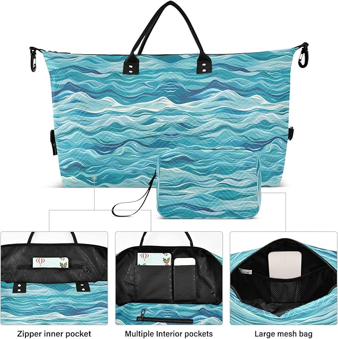 Weekender Bags Travel Duffel Gym Bag Carry on Overnight Tote Bag with Toiletry Bag for Airplane Travel Trip Gym Yoga (Sea Waves)