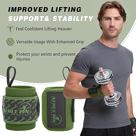 Professional Wrist Wraps, Heavy-Duty Support with Thumb Loop 18 Inch Pair for Powerlifting, Bodybuilding, Cross Training - Mesh carry pouch included (Army Green)