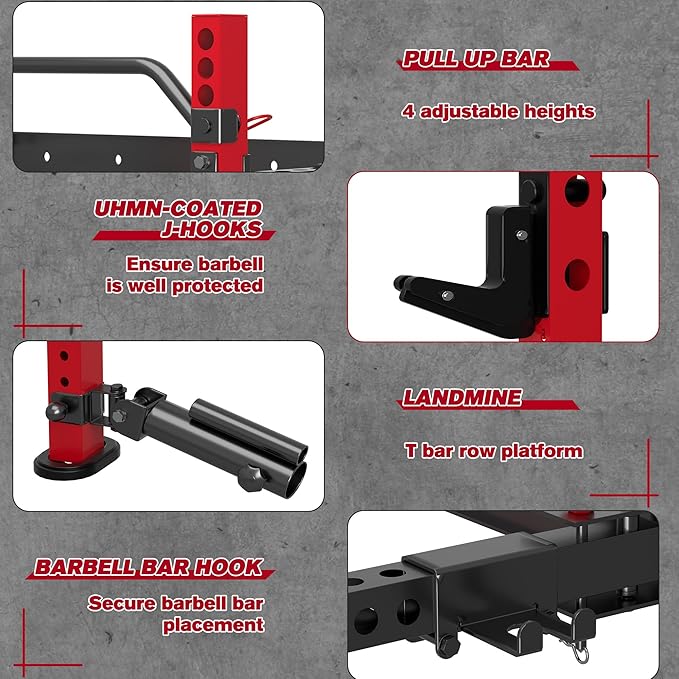 MU 2" x 2" Folding Squat Rack, 1100LBS Wall Mounted Power Rack with Adjustable Pull Up Bar, J Hooks, Landmine, Foldable Squat Rack for Home Gym, Garage, Training Studios (Black and Red)