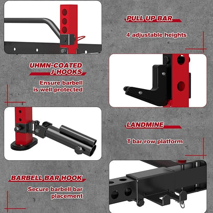MU 2" x 2" Folding Squat Rack, 1100LBS Wall Mounted Power Rack with Adjustable Pull Up Bar, J Hooks, Landmine, Foldable Squat Rack for Home Gym, Garage, Training Studios (Black and Red)