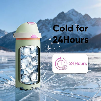 Insulated Water Bottle with Straw - Encool Stainless Steel Water Bottle with Push Button Lid, Leak-Proof & BPA-Free, Keeps Cold for 24 Hours for Sports, Travel, Gym (18 oz, Geyser Green)