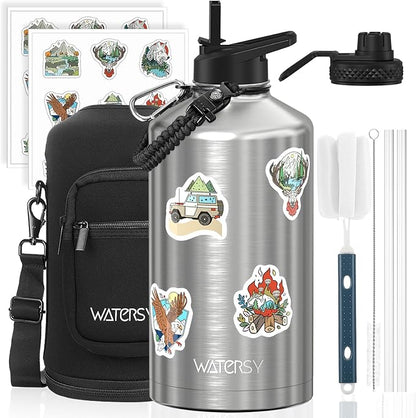 1 Gallon Water Bottle Insulated(Cold for 48 Hrs),BPA Free&Leak Proof,128oz Stainless Steel Water Jug,Large Water Bottle with Straw Spout Lids for Gym,Hiking,Camping&Travel,Stainless