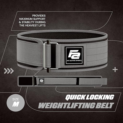 Fit Active Sports Self Locking Weight Lifting Belt | Premium Weightlifting Belt for Cross Training, Fast Locking Release Mechanism for Fitness and Power Lifting - Weightlifting Back Support for Men and Women