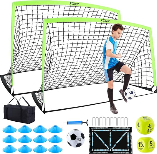2 Set Kids Soccer Goals for Backyard with Training Equipment, Portable Foldable Practice Nets with Ball, Dice & Mat, Cones, Air Pump and Carry Bag for Toddler Youth Outdoor Sports Game