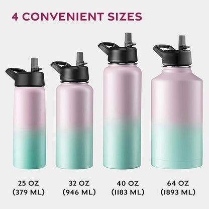 FineDine Water Bottle - Stainless Steel Insulated Water Bottle with Straw Lid, Flip Lid & Wide-Mouth Cap - Keeps Hot and Cold - 40 Oz / 1.18L - Dreamy Pink-Green