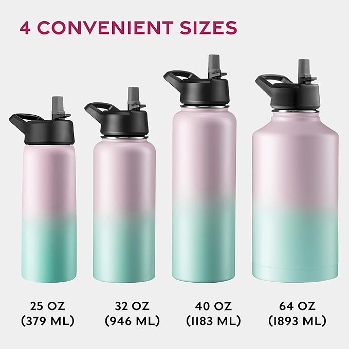 FineDine Water Bottle - Stainless Steel Insulated Water Bottle with Straw Lid, Flip Lid & Wide-Mouth Cap - Keeps Hot and Cold - 32 Oz / 946ml - Dreamy Pink-Green