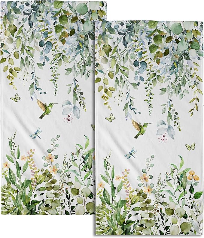 Spring Eucalyptus Leaves Kitchen Towels 14"x28" Set of 2 Green Botanical Humming Bird Decorative Soft Absorbent Hand Towels Summer Holiday Home Decor for Bathroom Gym Spa