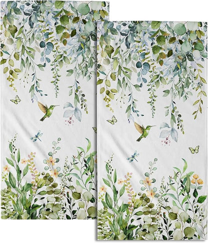 Spring Eucalyptus Leaves Kitchen Towels 14"x28" Set of 2 Green Botanical Humming Bird Decorative Soft Absorbent Hand Towels Summer Holiday Home Decor for Bathroom Gym Spa