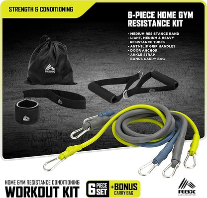 RBX 6 Piece Home Gym Resistance Kit - Light, Medium, Heavy Resistance Bands, Grip Handles, Door Anchor, Ankle Strap & Carry Bag