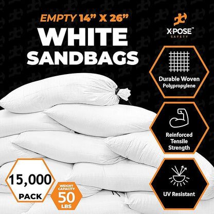 Xpose Safety Heavy Duty Sand Bags with Tie Strings – Empty Woven Polypropylene Sandbags for Hurricane Flood Protection, 50 lb Capacity, 14" x 26", White, Bulk Full Pallet Pack of 15000