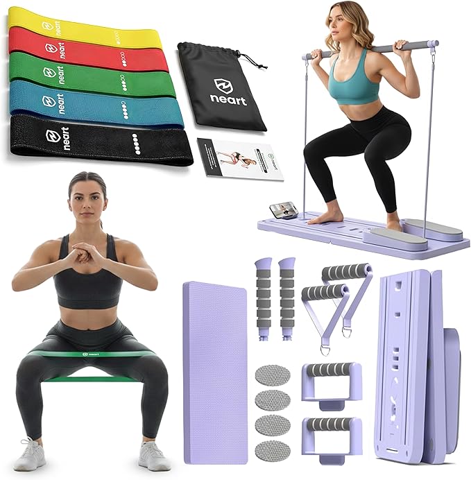 Premium Pilates Reformer Board with Resistance Bands Set – Foldable Home Pilates Machine with Push-Up Bars, Pilates Bar & Fabric Bands for Full-Body Workout, Core Strength & Glute Training