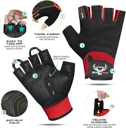 BEAST RAGE Workout Gloves for Men, Durable Palm Grip Gym Gloves Women Half Finger Elasticated Training Weight Lifting Strength Bodybuilding Anti Slip Cycling Gloves Exercise