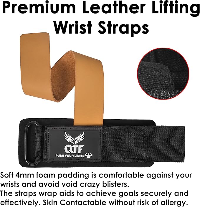 QTF Leather Lifting Wraps, Wrist Straps for Weightlifting, Wrist Support for Working Out, Bodybuilding, MMA, Powerlifting, Strength Training, Men & Women