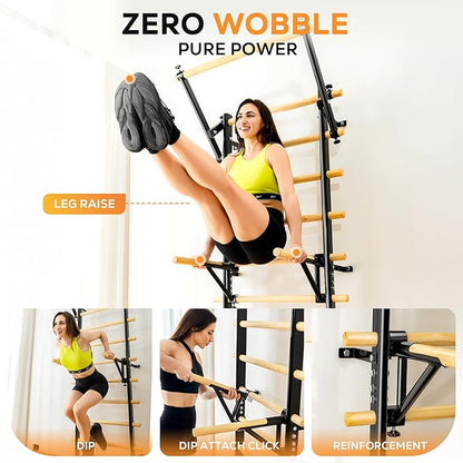 Swedish Ladder, Wood Stall Bar, Swedish ladders Wall Gym Adult, Adjustable Pull Up and Dip Station for Adults and Kids, 9-Anchor Solid Pine, Home Fitness