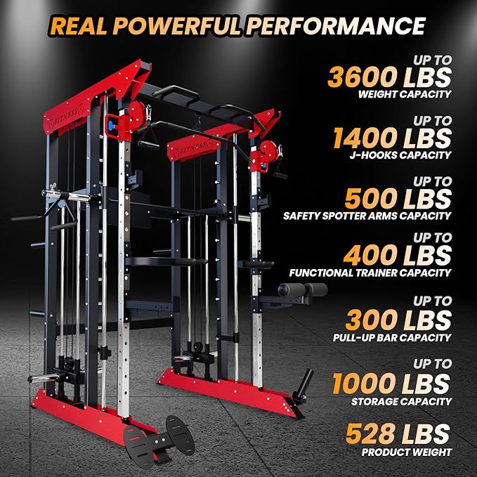 Power Cage SmithMachine - 3600 LBS Light Commercial Grade Squat Rack with Cable Crossover, All-in-One Power Rack with Weight Rack for Home Gym Equipment