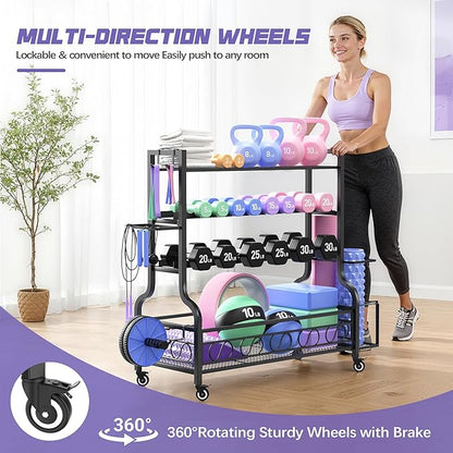 PARTPHONER Adjustable Dumbbell Rack, Weight Rack for Home Gym Storage, Home Gym Storage for Stores Dumbbells, Kettlebells and Yoga Mats, All in One Workout Storage Racks with Wheels and Hooks, Durable Powder Coated Steel