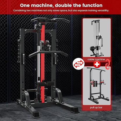 Pull Up Bar Power Tower Dip Station,Cable Machine-Integrated 450LBS Multi-Function Adjustable Height Fitness Strength Training Equipment for Home Gym Strength Training Equipment