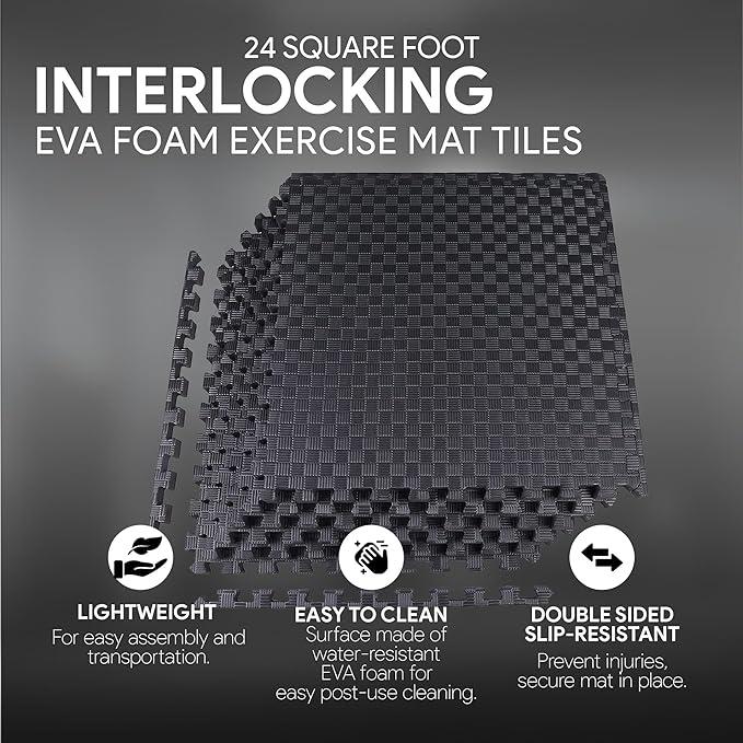 BalanceFrom Puzzle Exercise Mat 1" Thick, EVA Interlocking Foam Floor Tiles for Home Gym, Mat for Home Workout Equipment, Floor Padding for Kids, Black, 24 in x 24 in x 1 in, 24 Sq Ft - 6 Tiles