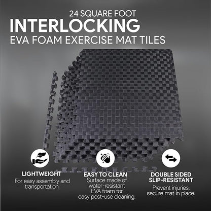 BalanceFrom Puzzle Exercise Mat 1" Thick, EVA Interlocking Foam Floor Tiles for Home Gym, Mat for Home Workout Equipment, Floor Padding for Kids, Black, 24 in x 24 in x 1 in, 24 Sq Ft - 6 Tiles