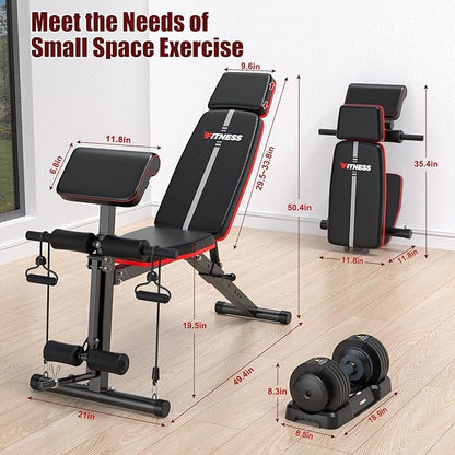 XDDIAS Adjustable Weight Bench, Workout Bench with Leg Extension and Preacher Curl Pad, Weight Bench for Home Gym, Foldable Exercise Bench, Quick Adjustment Incline Bench Press