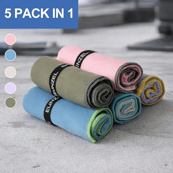 Eunzel Microfiber Workout Towel,Quick Dry Silver Ion Absorbent Sweat Gym Towel for Workout, Camping, Travel, Exercise& Fitness 31.5"x15.7", Set of 5 Colorful