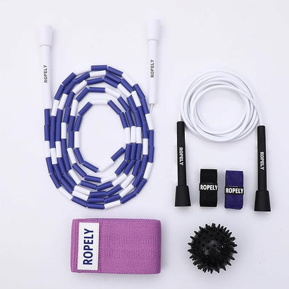 Skipping Rope 6-in-1 Jump Rope Set Beginner Friendly with Tangle Free Segmented Beaded Rope, PVC Rope, Massage Ball, Resistance Band, and Handle Tapes, Adjustable Length