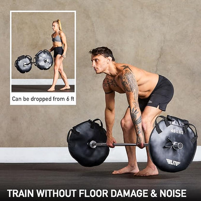 Elite Sports UNFILLED Workout Sand Plates (Set of 2) – EMPTY Fillable Olympic Weight Plates for Barbell Training – Drop-Proof Waterproof TPU – 10/15/25/35/45 LB Options – Strength, CrossFit, Home Gym & Functional Fitness