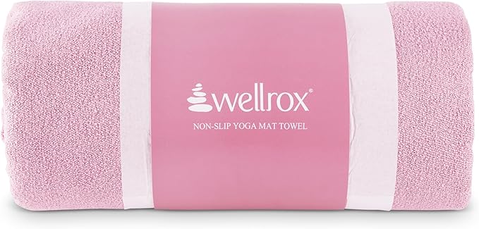 Wellrox Microfiber Yoga Mat Towel with Grip – Ultra Absorbent, Super Soft, and Quick Dry Hot Yoga Towel Non Slip for Pilates, Bikram, and Fitness Workouts (74” x 26”, Pink)