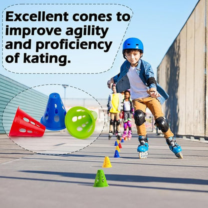 Famgee 3 Inch Plastic Windproof Slalom Cones Inline Roller Skating Cones Pile Cup Roadblocks Traffic Road Cones Set with Holes for Skate Practice Sport Training