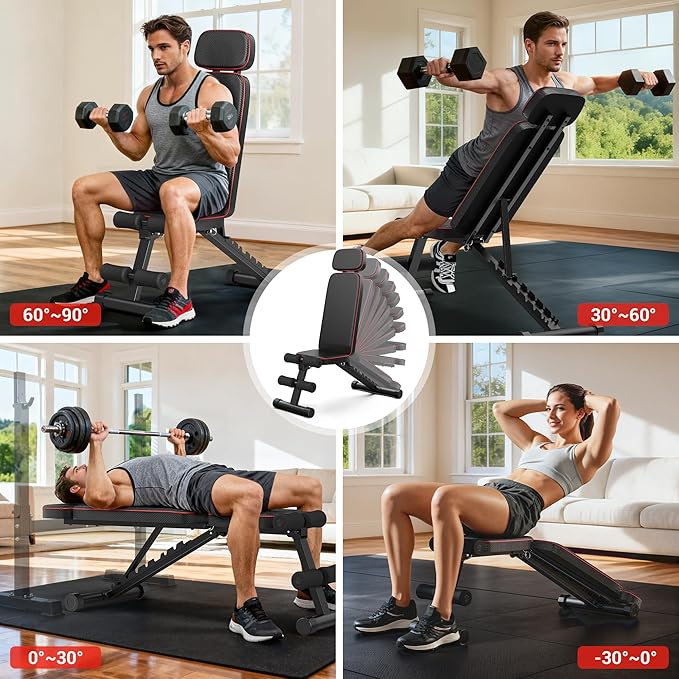 XDDIAS Workout Bench, 10 Backrests Adjustable Weight Bench with Extended Headrest, 800LBS Foldable Weight Bench for Home Gym, Incline Decline Flat Bench Compact for Small Space Training