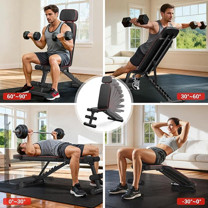 XDDIAS Workout Bench, 10 Backrests Adjustable Weight Bench with Extended Headrest, 800LBS Foldable Weight Bench for Home Gym, Incline Decline Flat Bench Compact for Small Space Training